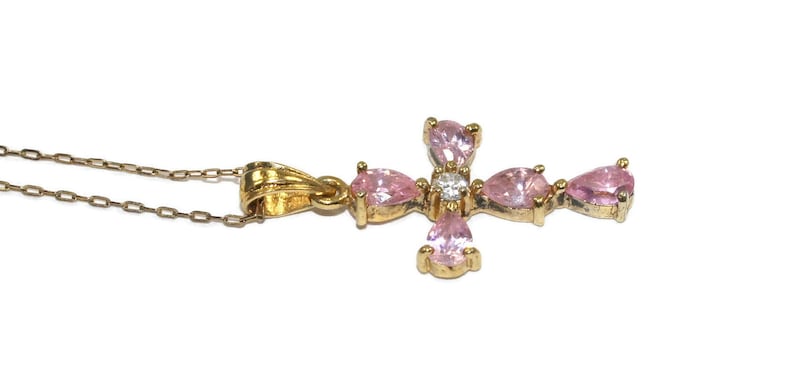 Marked 925. Vintage Gold Plated Sterling Silver and Pink and Clear Topaz Cross Pendant on Fine 18 Inch Rolo Chain