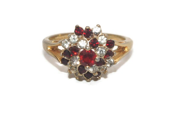 Vintage 18K Gold Plated, Red and Clear Crystals S… - image 1