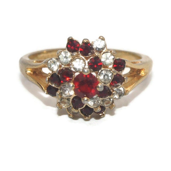 Vintage 18K Gold Plated, Red and Clear Crystals Size 9 Ring. Marked 18KHGE.