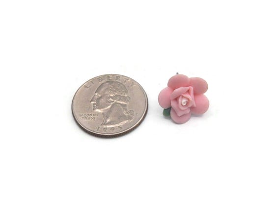 Vintage Silver Tone, Pink and Green Porcelain Rose Flower Stud Back Earrings for Pierced Ears. Ceramic Flower, Victorian Rose Earrings. View 4