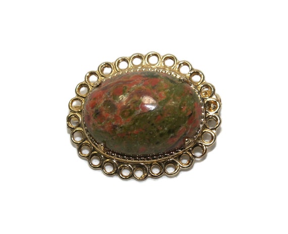 Vintage Oval Green and Red Jasper Cabochon with G… - image 1