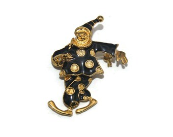 Broche Vintage Arlequin/clown Articulé - Couleur Or, émail Noir Et Blanc, Bijou Rétro Numéro 5026