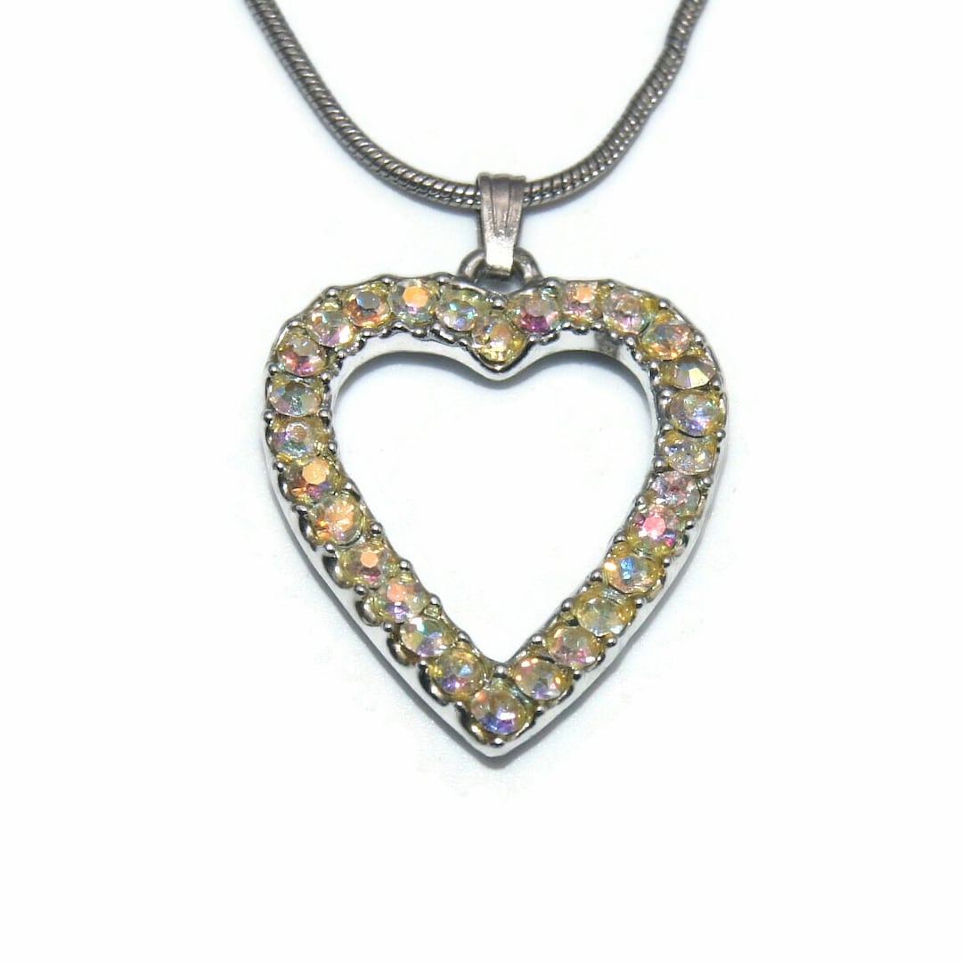 Silver Rhinestone Heart Vintage Silver Tone and AB Rhinestones Heart Pendant on 18 to 20 Inch ...