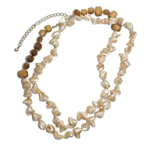 Long Vintage Chico&#39;s Shell and Wood Beads 40 Inch Necklace with Lobster Claw Clasp. Chico&#39;s Hallmark Tag.