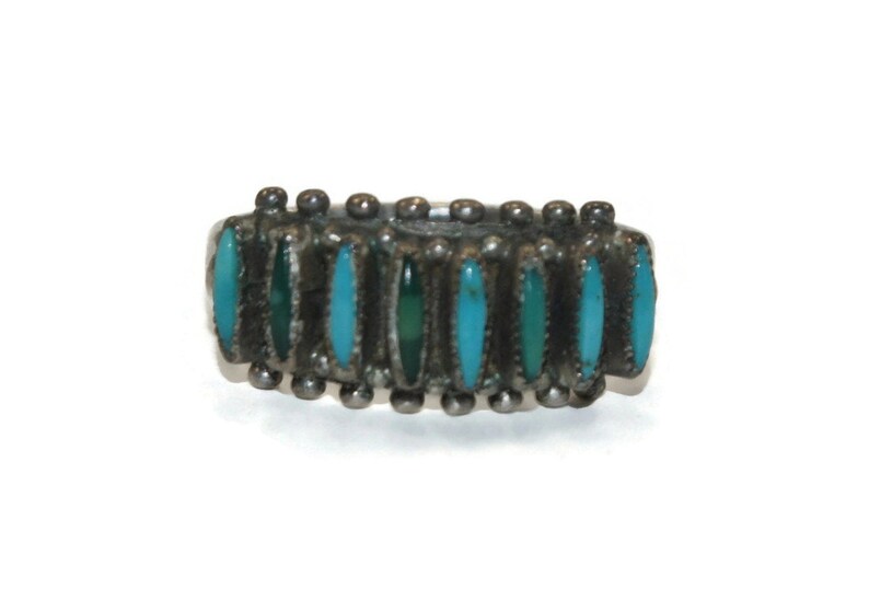 Blue and Green Turquoise Petit Point Size 7 12 Ring. Vintage Native American Sterling Silver