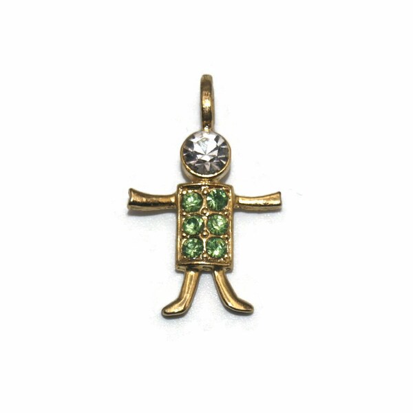 Vintage K.I.S. Gold Tone with Clear and Green Rhinestones Boy Pendant. USA K.I.S. Hallmark.