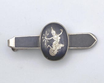 Vintage Siam Sterling Silver Niello Ware Tie Clip Depicting Mekkala Goddess of Lightning, Hallmarked.