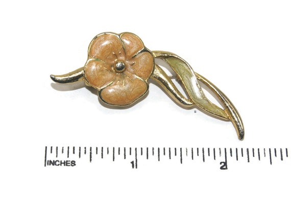 Vintage Gold Tone Peach and Green Enamel Floral B… - image 2