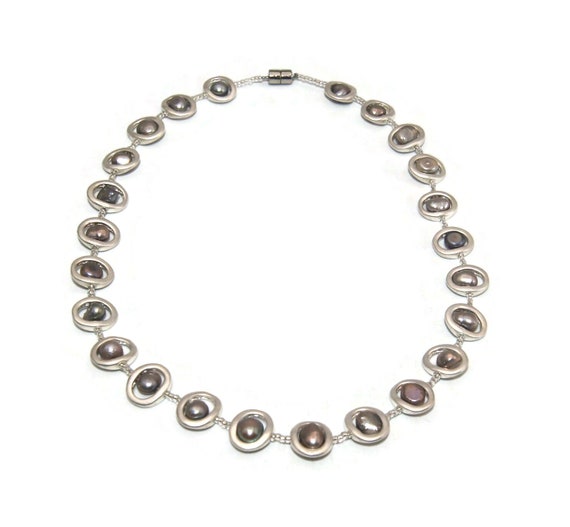 Vintage Silver Tone and Peacock Freshwater Pearls… - image 2