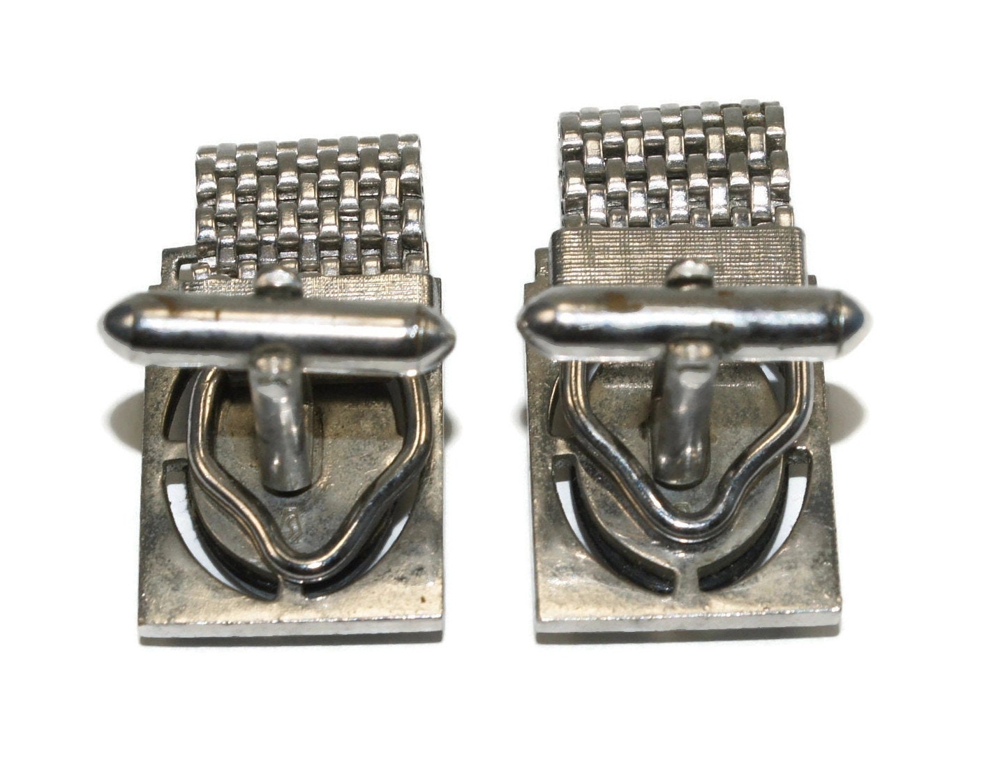 Boutons De Manchette Vintage Swank - Triangles Noirs Sur Fond Argenté - Occasion