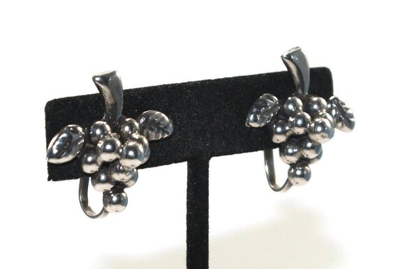 Vintage Mexico Sterling Silver Bunch of Grapes Screw Back Earrings. Marked Silver Mexico. View 2