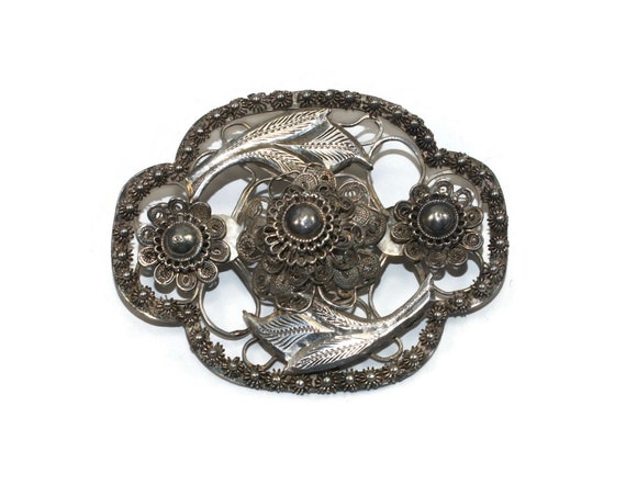 Vintage Thai Nakon Siam Silver Floral Brooch. Hal… - image 1