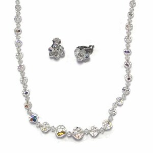 Vintage Faceted Aurora Borealis Crystal Glass Graduated Bead Necklace and Matching Flower Earrings.