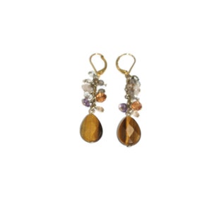 Vintage Gold Tone Faceted Tiger Eye and Plastic Beads Dangle Earrings with Latch Backs for Pierced Ears.