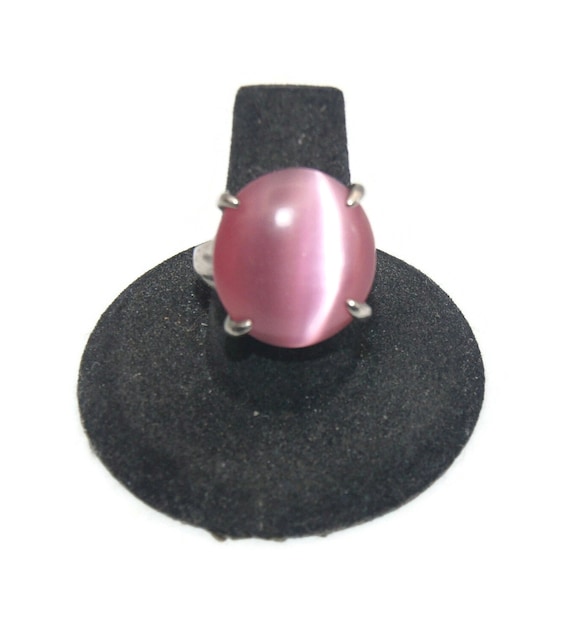 Chunky Vintage Silver Tone and Oval Pink Glass Ca… - image 2