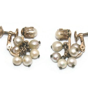 Vintage APC Gold Tone and Small Genuine Pearls Screw Back Clip on Dangle Earrings. Marked &quot;APC&quot;.