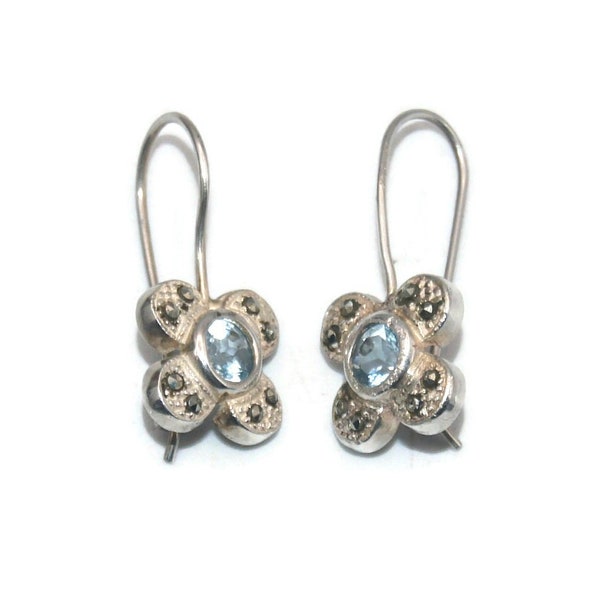 Vintage CW Sterling Silver, Blue Topaz and Marcasite Flower Dangle Earrings with Ear Wire Backs for Pierced Ears. CW 925 Hallmark.