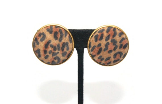 Vintage Gold Tone and Animal Print Round Clip on … - image 1
