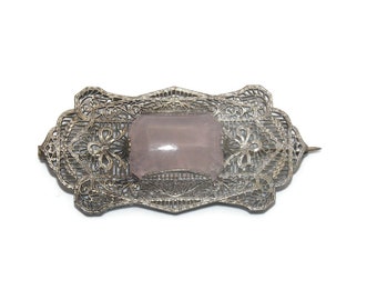 Victorian Sterling Silver Filigree Wire and Rose Quartz Brooch.