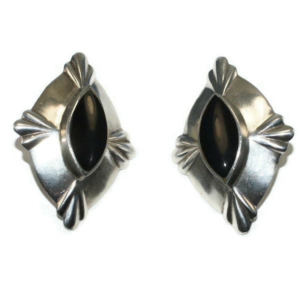 Vintage Norwegian Design Sterling Silver and Onyx Stud Earrings with Post Backs for Pierced Ears. ND 925 Hallmark.