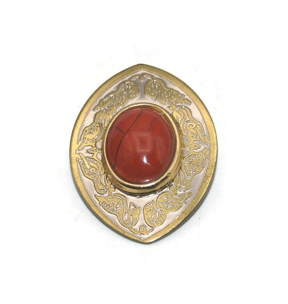 Vintage Silver and Gold Tone with Oval Red Jasper… - image 1