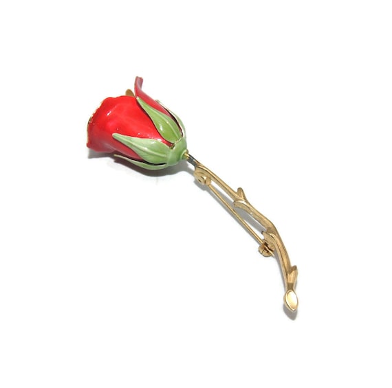 Vintage Gold Tone and Red Enamel Rose Brooch. - image 1