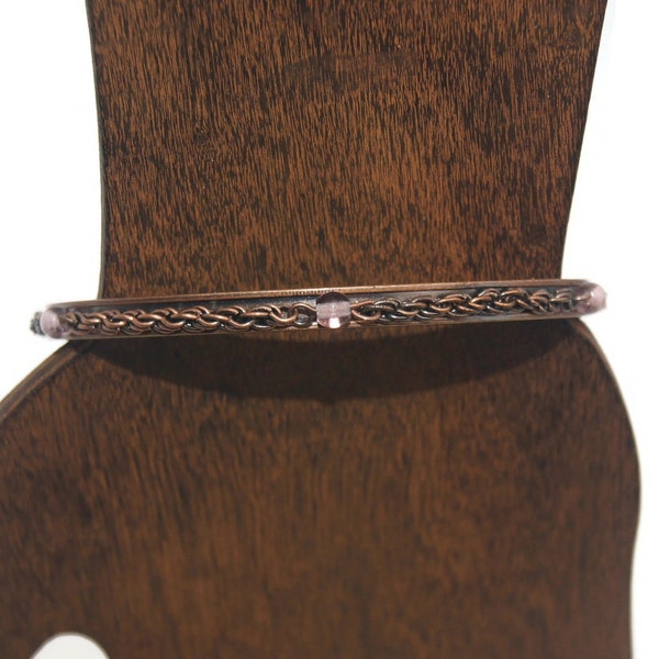 Vintage Copper and Pink Glass Beads 8 Inch Bangle Bracelet.