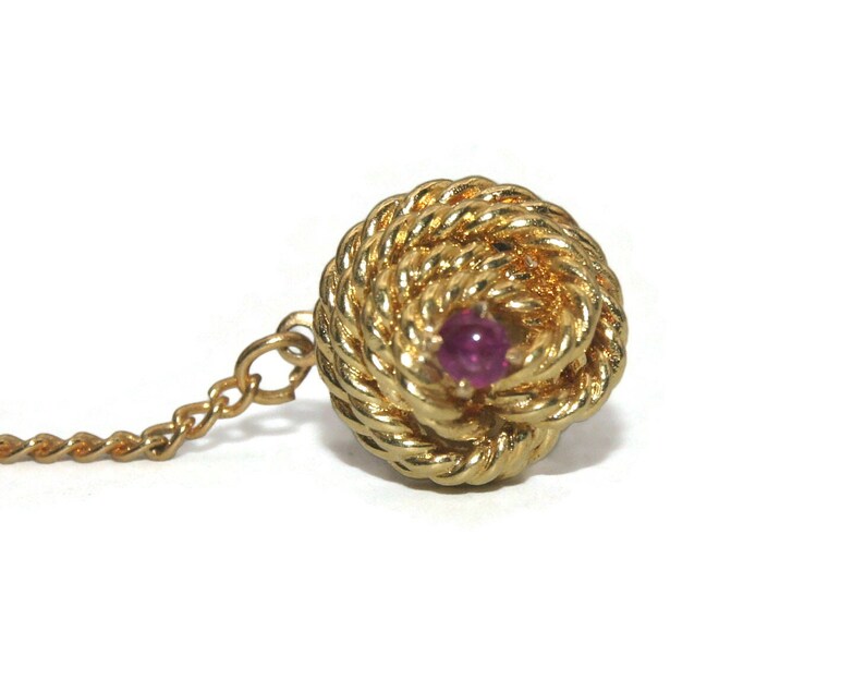 Vintage Gold Tone Coiled Knot and Round Garnet Tie Tack with Chain. image 2