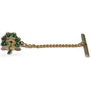 Vintage Gold Tone with Red and Green Stones Flower Design Tie Tack with Chain.