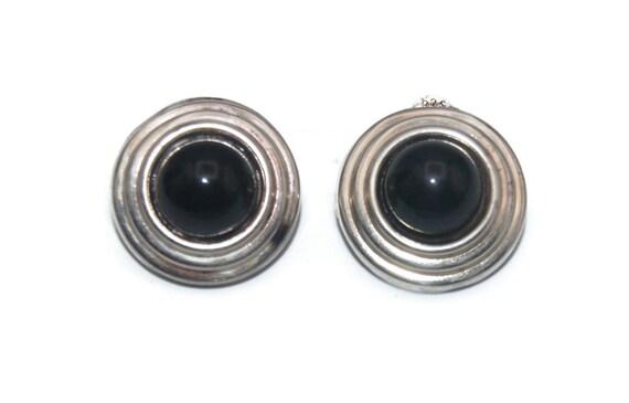 Vintage Sterling Silver and Black Resin Round Dom… - image 1