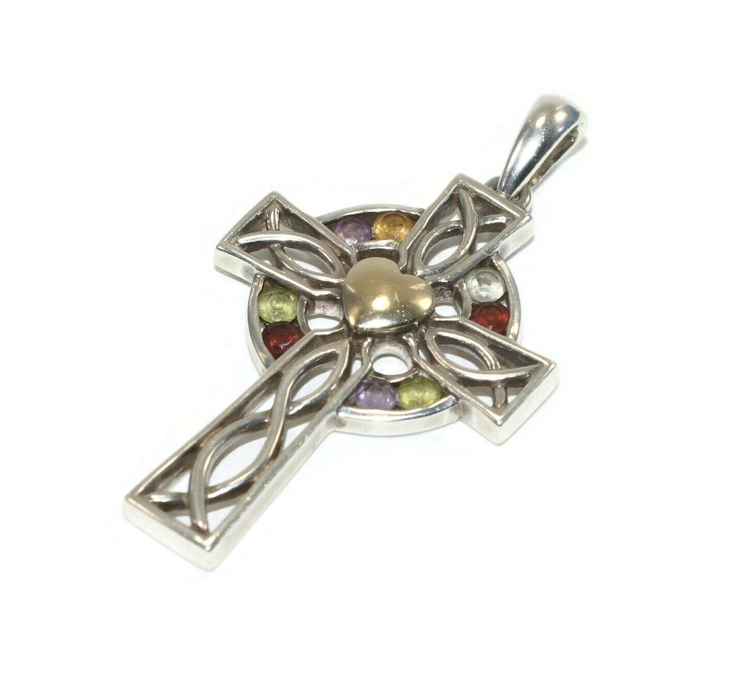 Vintage Sterling Silver Cross With Multi Color Gemstones and Gold ...