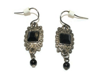 Vintage Sterling Silver and Onyx Dangle Earrings with Hook Backs for Pierced Ears.