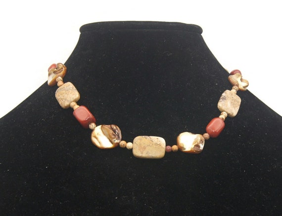 Vintage Mother of Pearl, Brown and Red Jasper Bea… - image 6