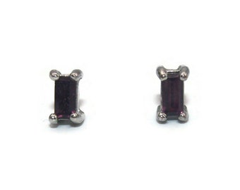 Tiny Vintage Silver Tone and Purple Glass Rectangular Stud Earrings with Post Backs for Pierced Ears.