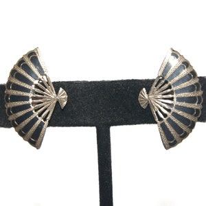 Vintage Siam Sterling Silver and Black Enamel Neilloware Screw Back Fan Earrings. Marked Sterling Made in Siam.