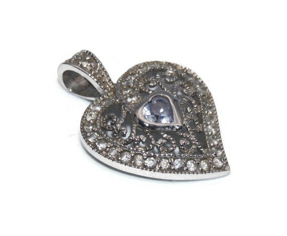 Small Vintage Sterling Silver and CZ Heart Pendan… - image 2