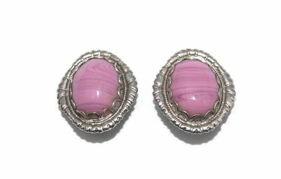 Vintage Silver Tone and Oval Pink and Purple Stri… - image 1