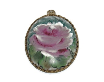 Victorian Style Vintage Gold Tone Oval Ceramic Pink Rose Cameo Pendant.