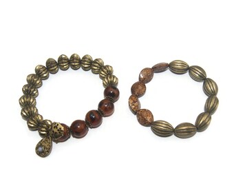 Pair of Vintage Gold Tone and Brown Beads 7 1/2 Inch Elastic Beaded Bracelets.