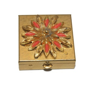 Vintage Gold Tone and Orange Resin Square Trinket Box with Flower Design.
