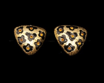 Vintage Gold Tone, Black Enamel and Orange Rhinestones Triangle Clip on Earrings. Animal Print Inspired Earrings.