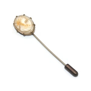 Vintage Gold Tone, Pink and White Authentic Carved Cameo Stick Pin, Hat Pin.