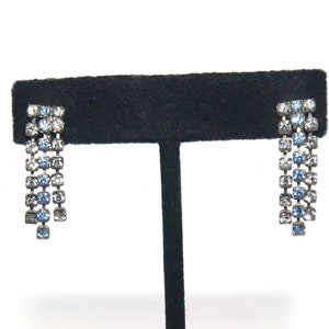 Vintage Silver Tone with Blue and Clear Rhinestones Clip on Dangle Earrings.