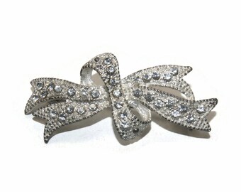 Vintage Silver Tone and Clear Rhinestones Bow Brooch.