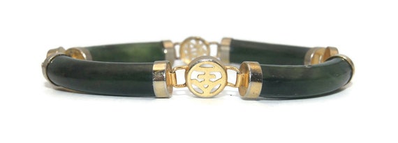 Vintage Gold Tone and Jade 7 Inch Link Bracelet w… - image 4