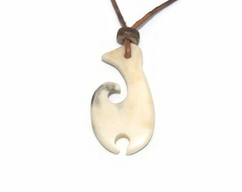 Vintage Artisan Carved Bone Pendant on Adjustable Brown Cord.