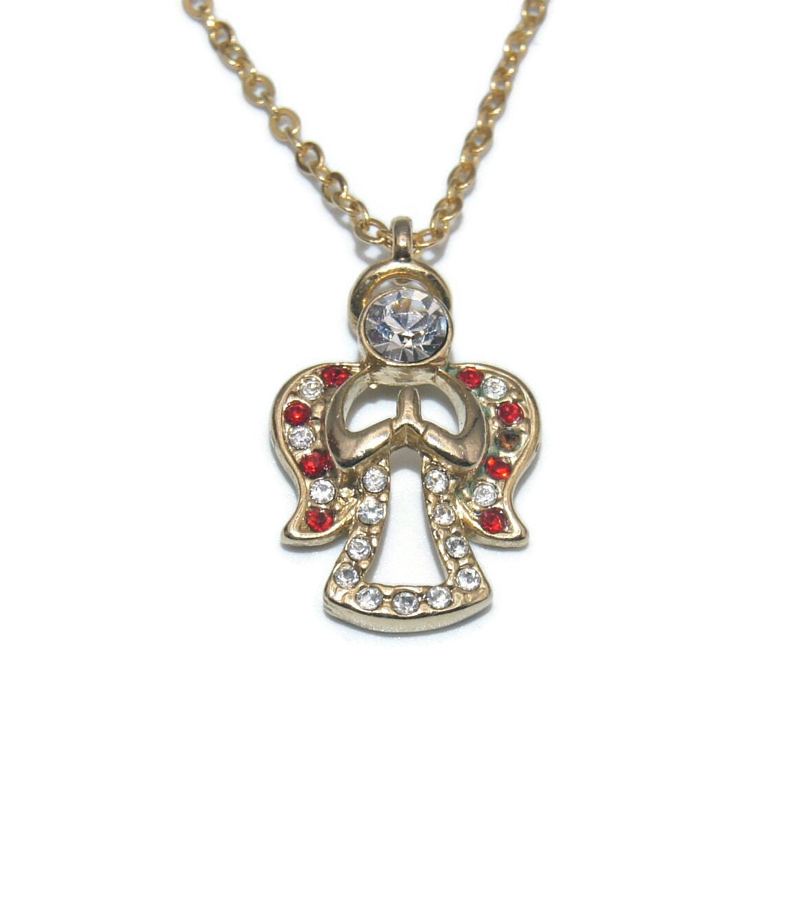 Vintage 1980s Danbury Inch Tone Mint Hallmark. DM on Pendant Tone . Ring Chain Rhinestones Clear, With Etsy Spring - With Angel Clasp Red 18 Gold