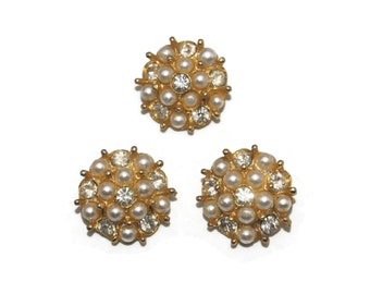 Set of 3 Vintage Round Gold Tone, Faux Pearls and Clear Rhinestones Buttons.