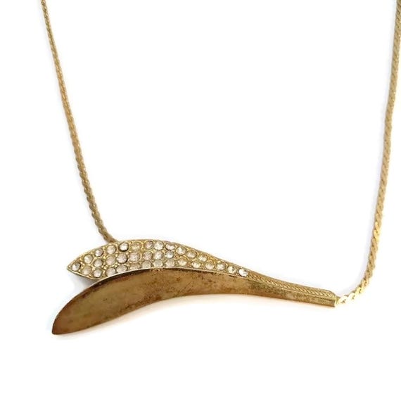 Vintage Gold Tone and Clear Rhinestone Leaf Y-Nec… - image 5