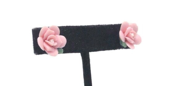 Vintage Silver Tone, Pink and Green Porcelain Rose Flower Stud Back Earrings for Pierced Ears. Ceramic Flower, Victorian Rose Earrings. View 3